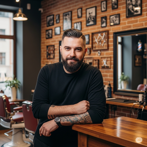 Charizmatický zakladatel barbershopu, muž okolo 40 let s upravenými vousy a stylovým účesem, opřený o dřevěný pult. Mírně se usmívá a hledí do objektivu. V pozadí elegantní interiér salonu s cihlovou zdí. Profesionální portrétní fotografie.